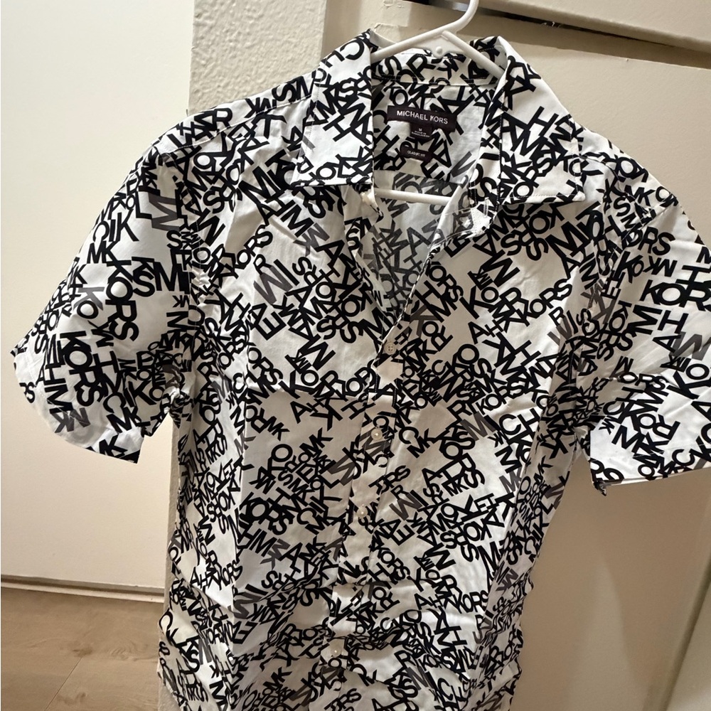 Michael Kors Black and White Logo-Print Short Sleeve Button-Down Shirt